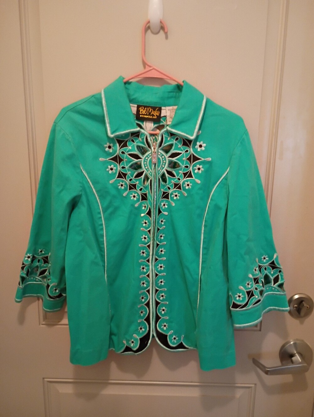 Bob Mackie Women's Green Eyelet Embroidered Full Zip Jacket Size Large